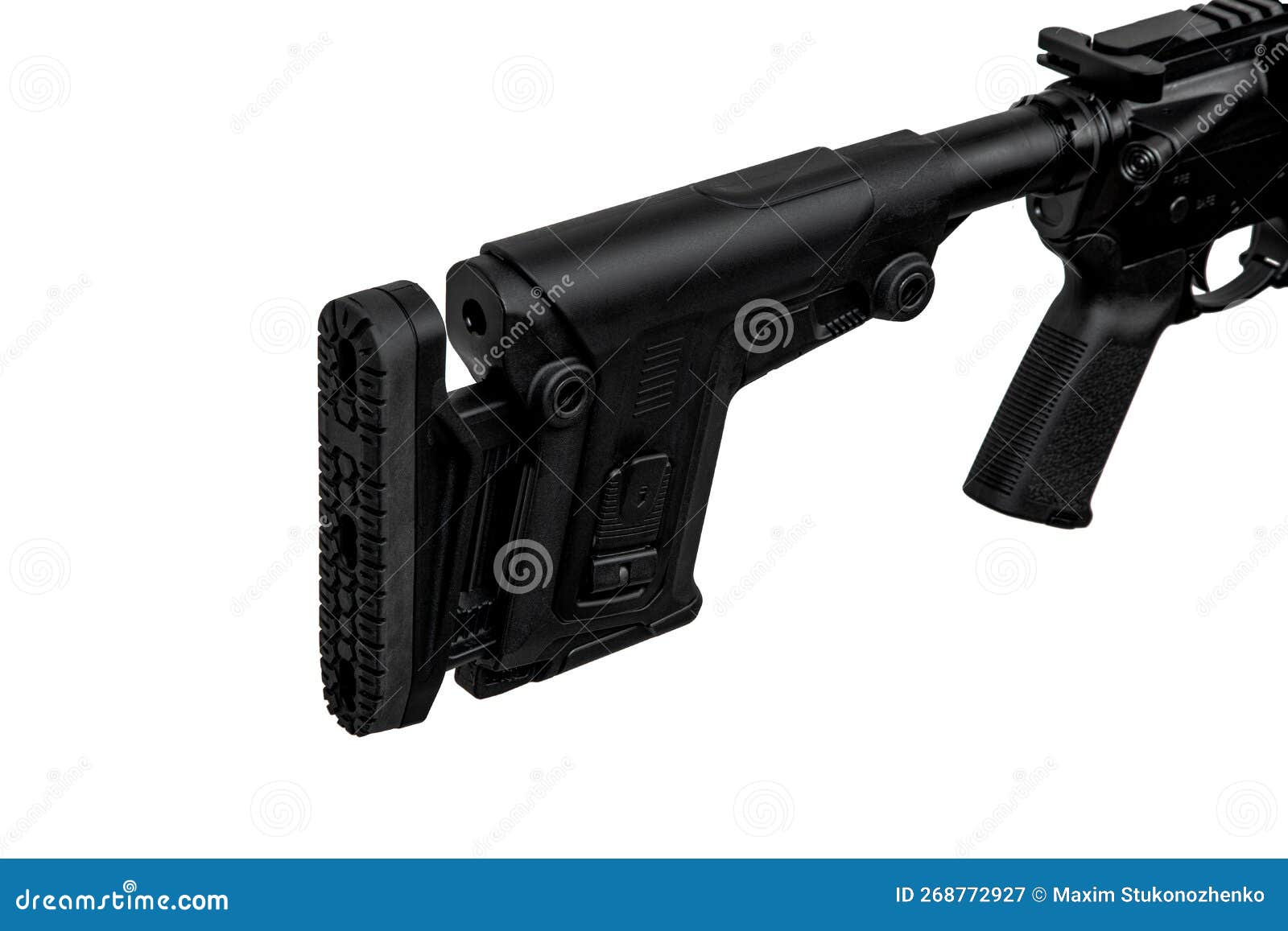 modern plastic folding buttstock with a weapon handle. replaceable part of the gun. isolate on a white back