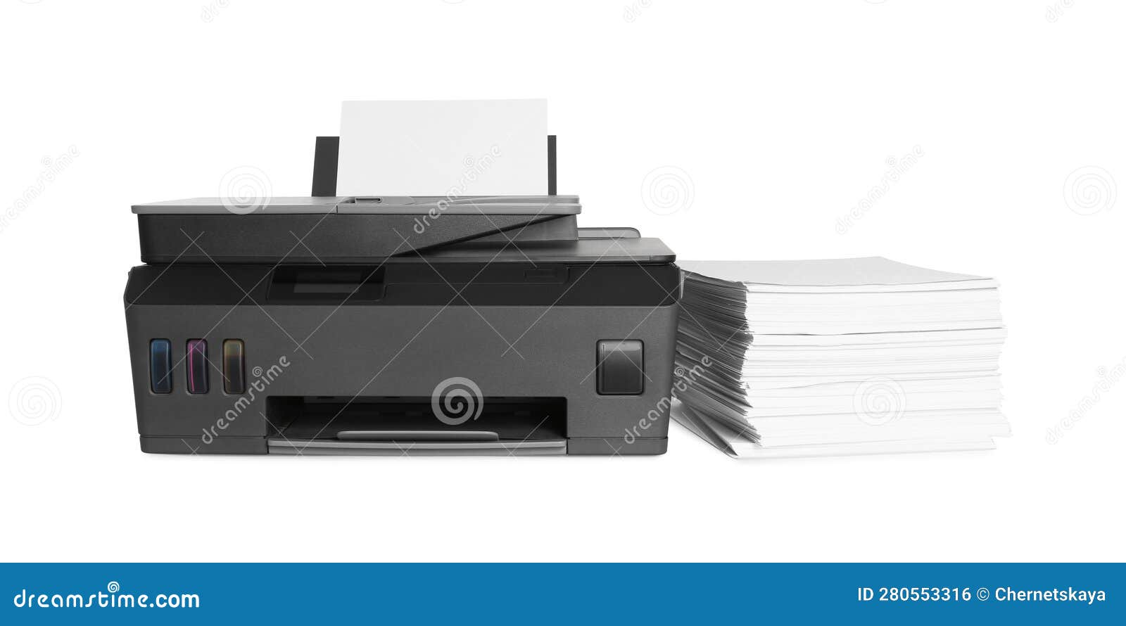 Modern Printer and Stack of Paper on White Background Stock Photo Image of industry, papers