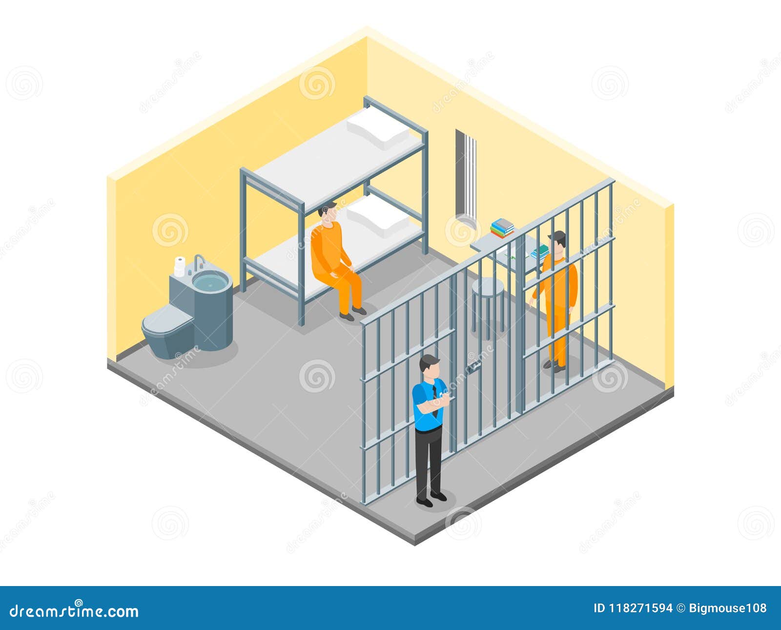modern prison interior with furniture and people isometric isometric view