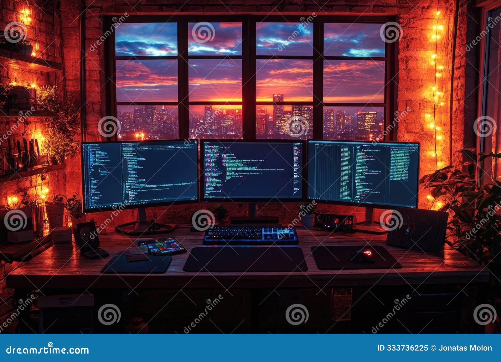 Modern Programmer Desk Setup Featuring Laptop and Multiple Screens with ...