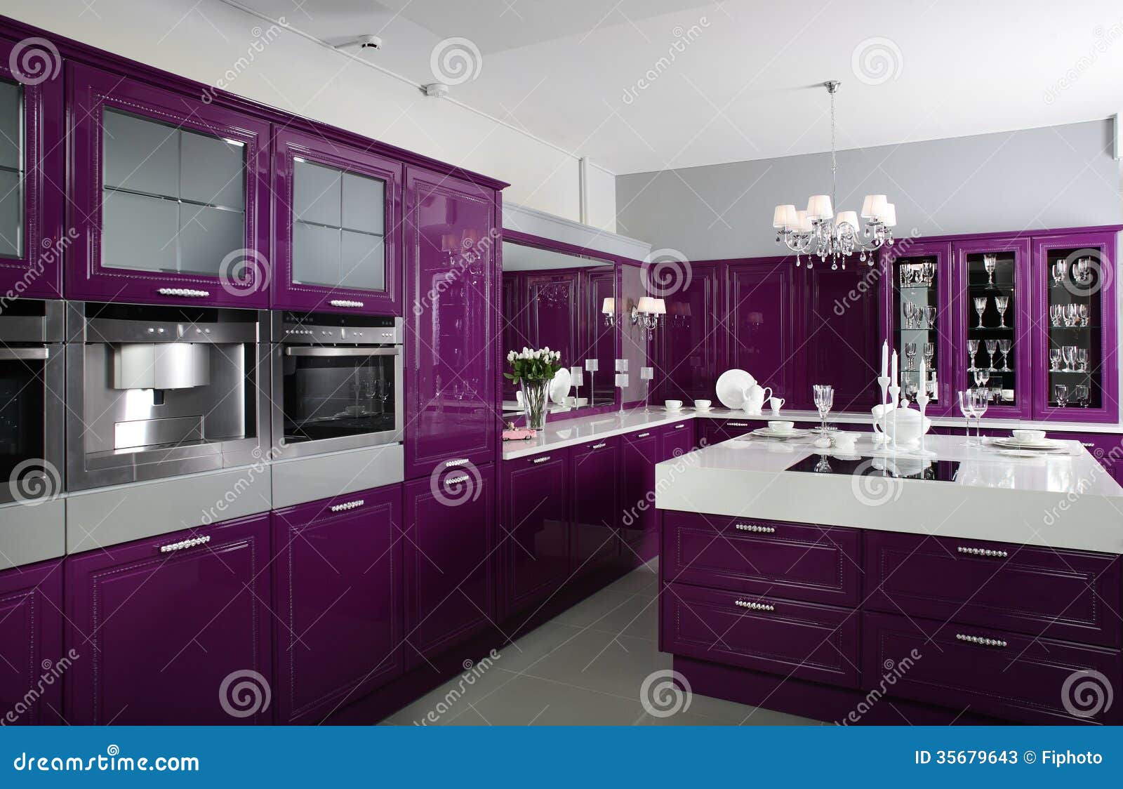 Modern Purple Kitchen with Stylish Furniture Stock Image - Image ...