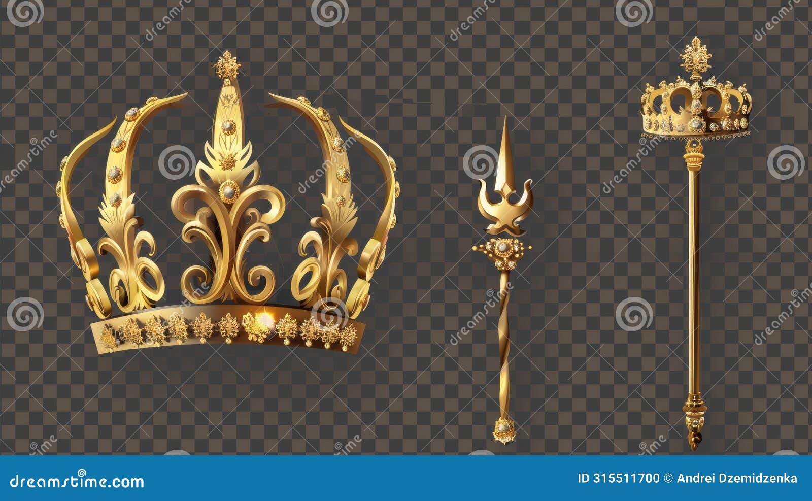 modern realistic golden crown and sceptre for a king or queen. middle ages diadem with monarchy rod for princes