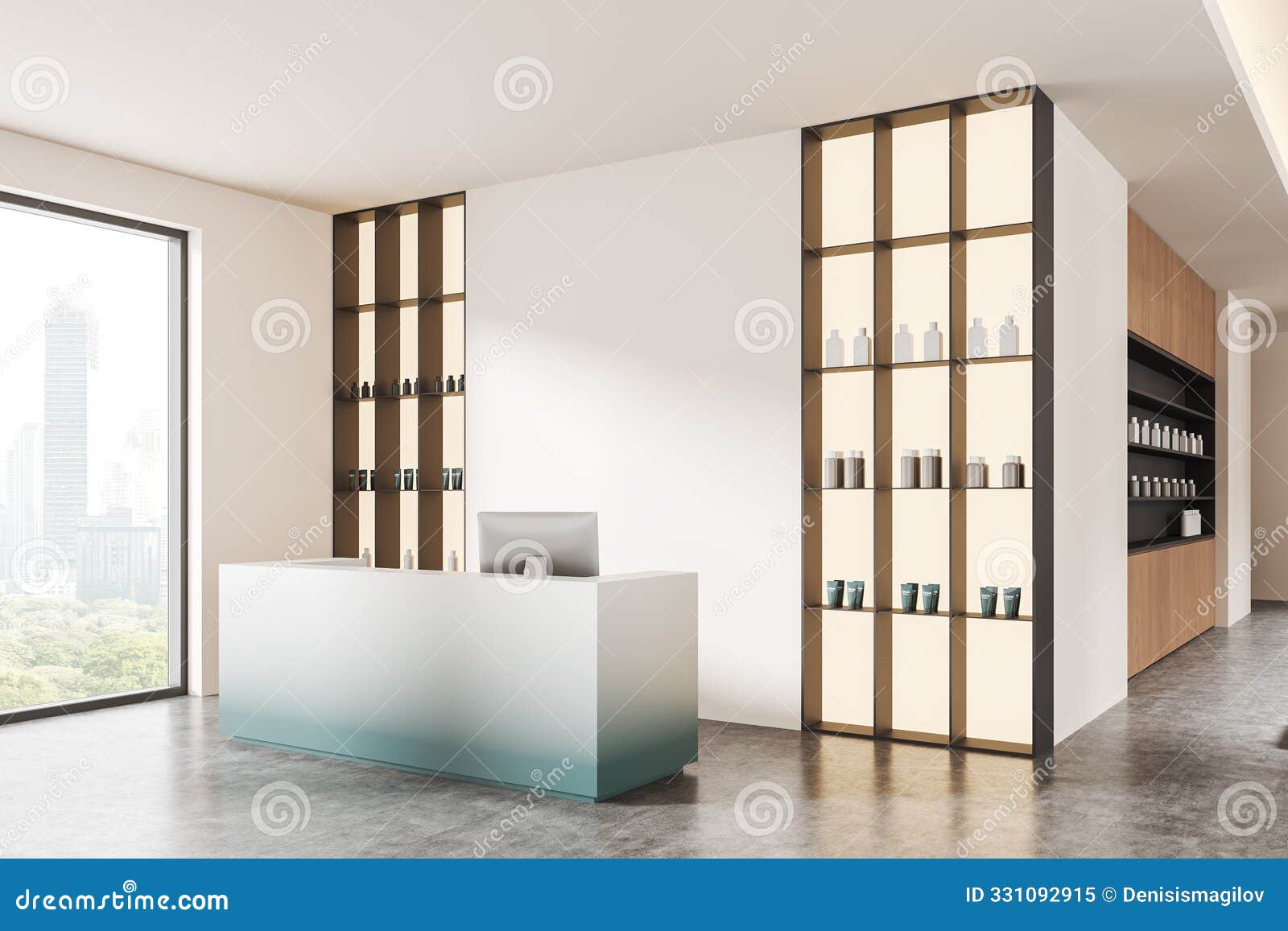modern reception area with product display shelves and large window. 3d rendering