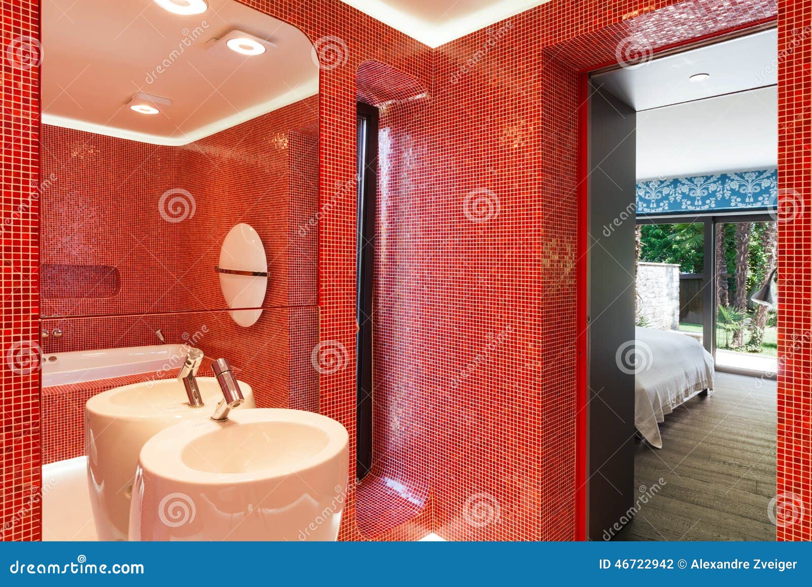 Modern red bathroom stock photo. Image of design, interior 46722942