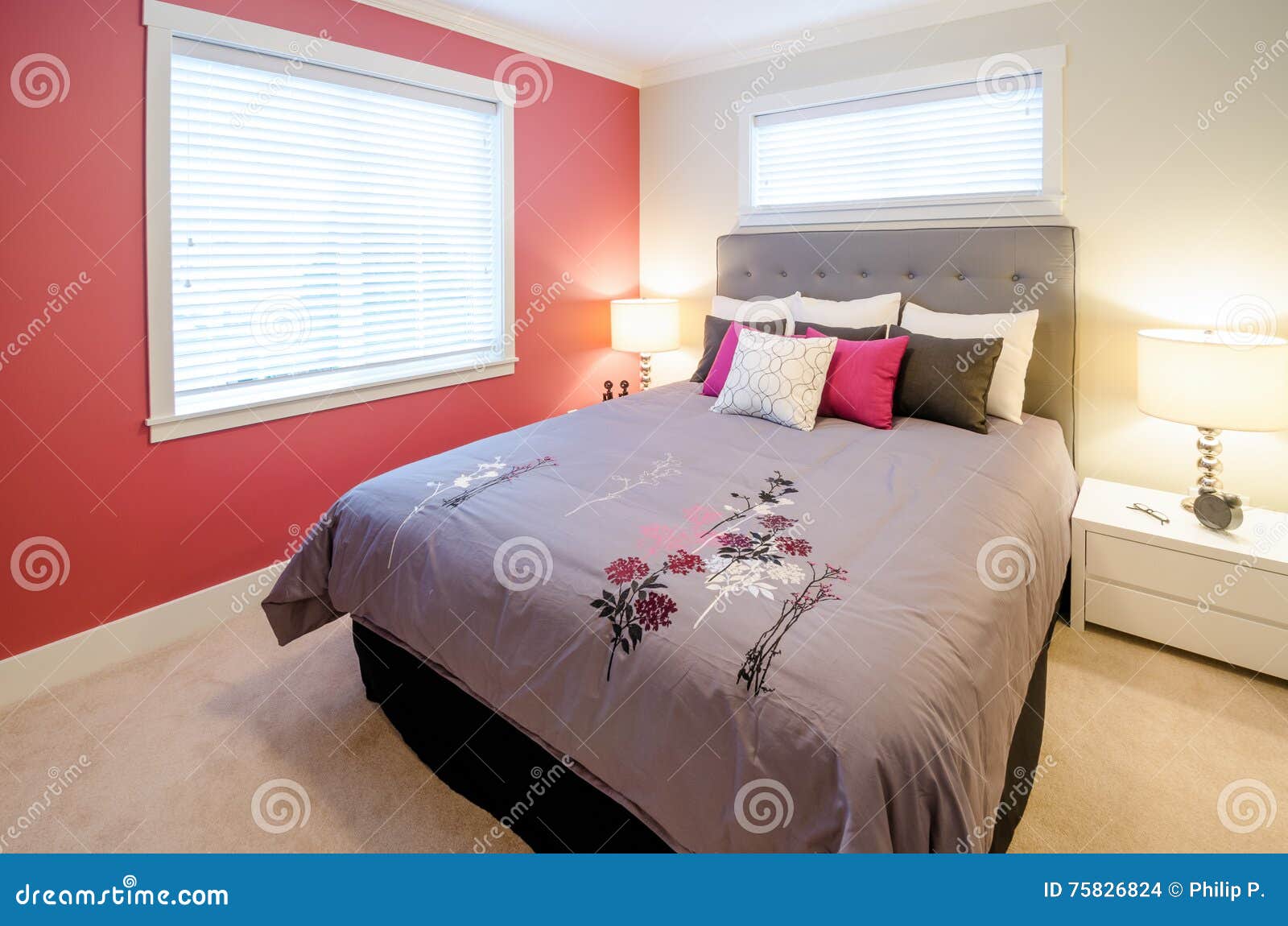 Modern red bedroom stock photo. Image of elegance, estate - 75826824