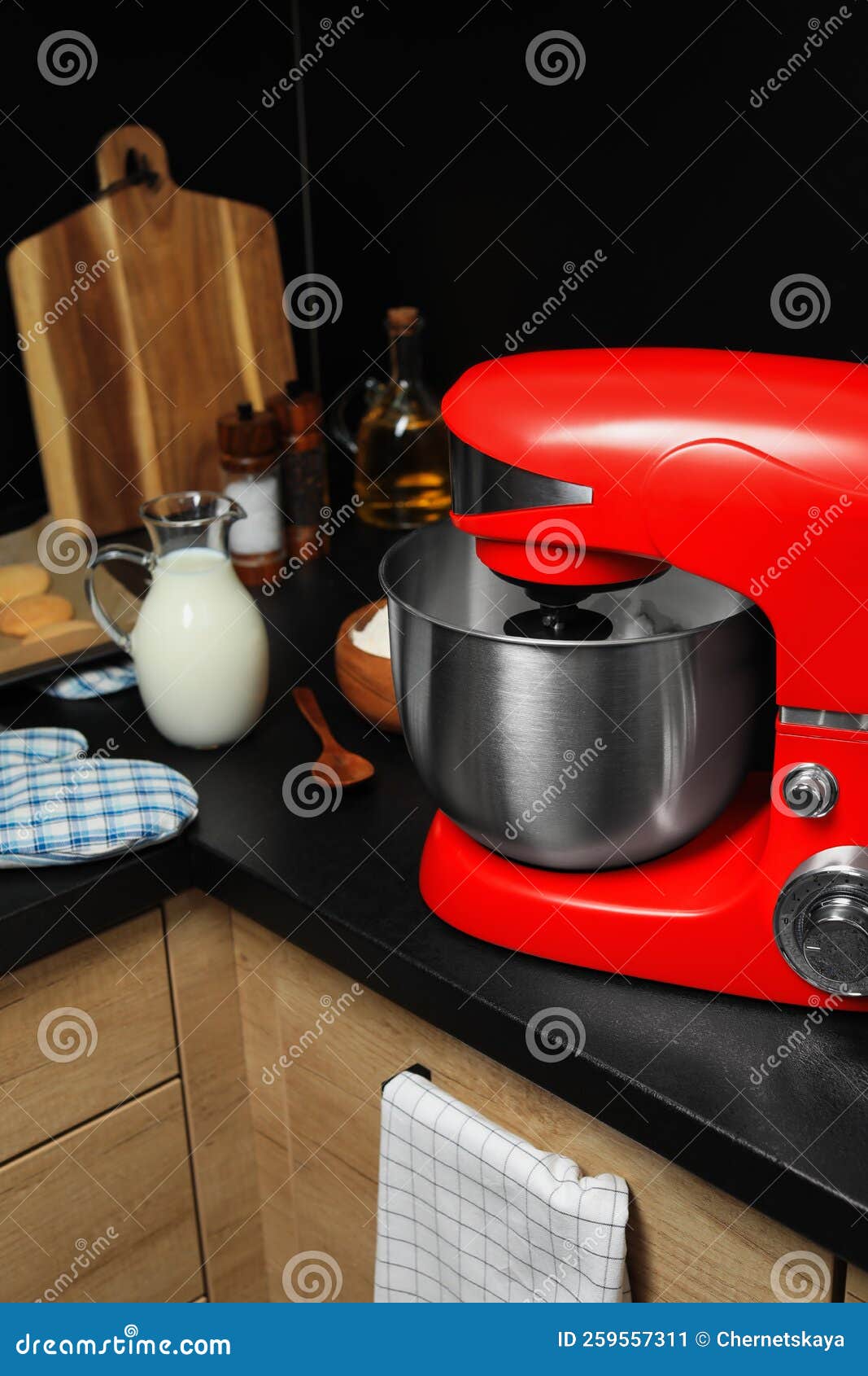 Modern Red Stand Mixer and Ingredients on Countertop in Kitchen Stock