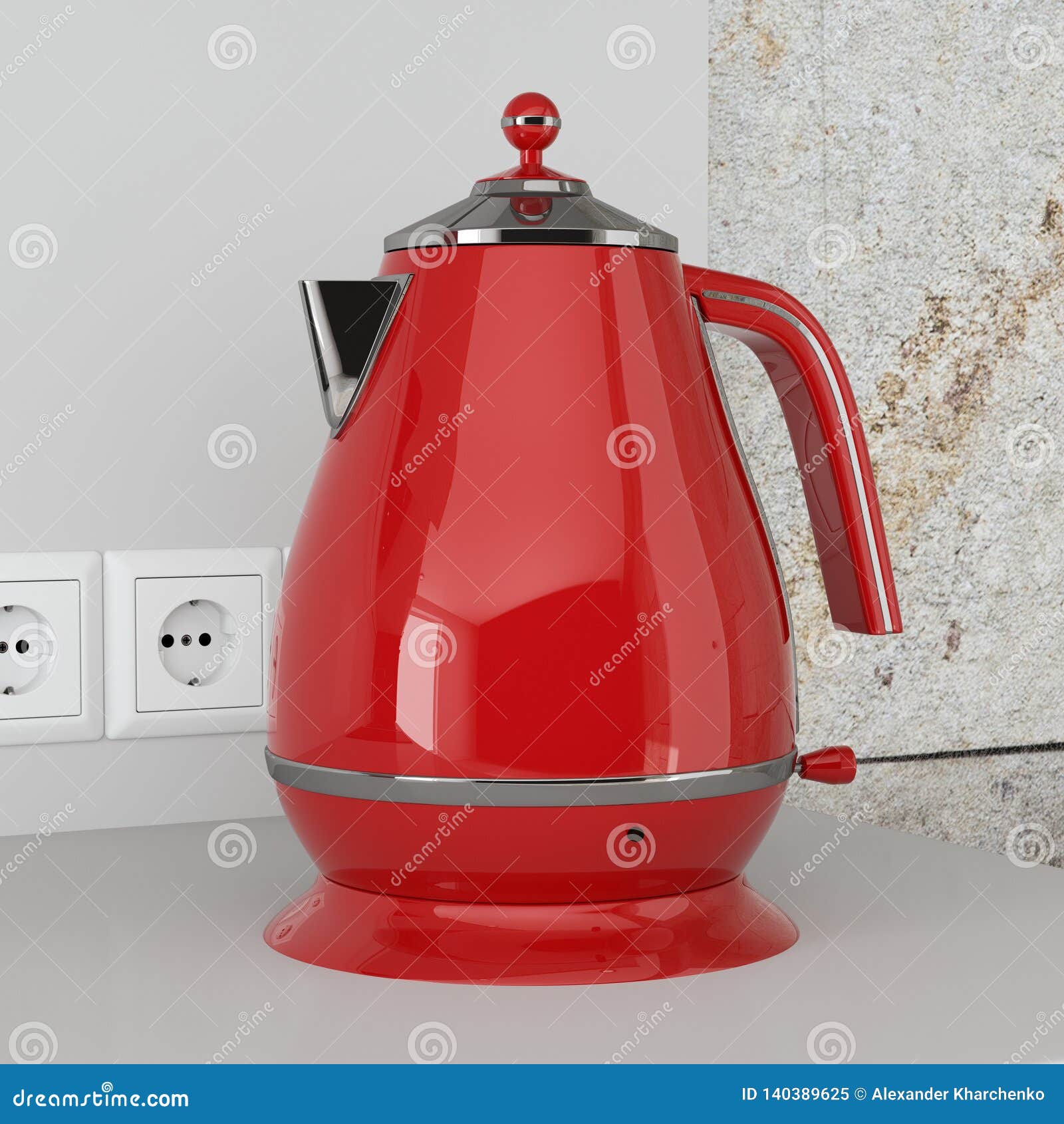 Modern Red Teapot or Electric Kettle on a Table. 3d Rendering Stock