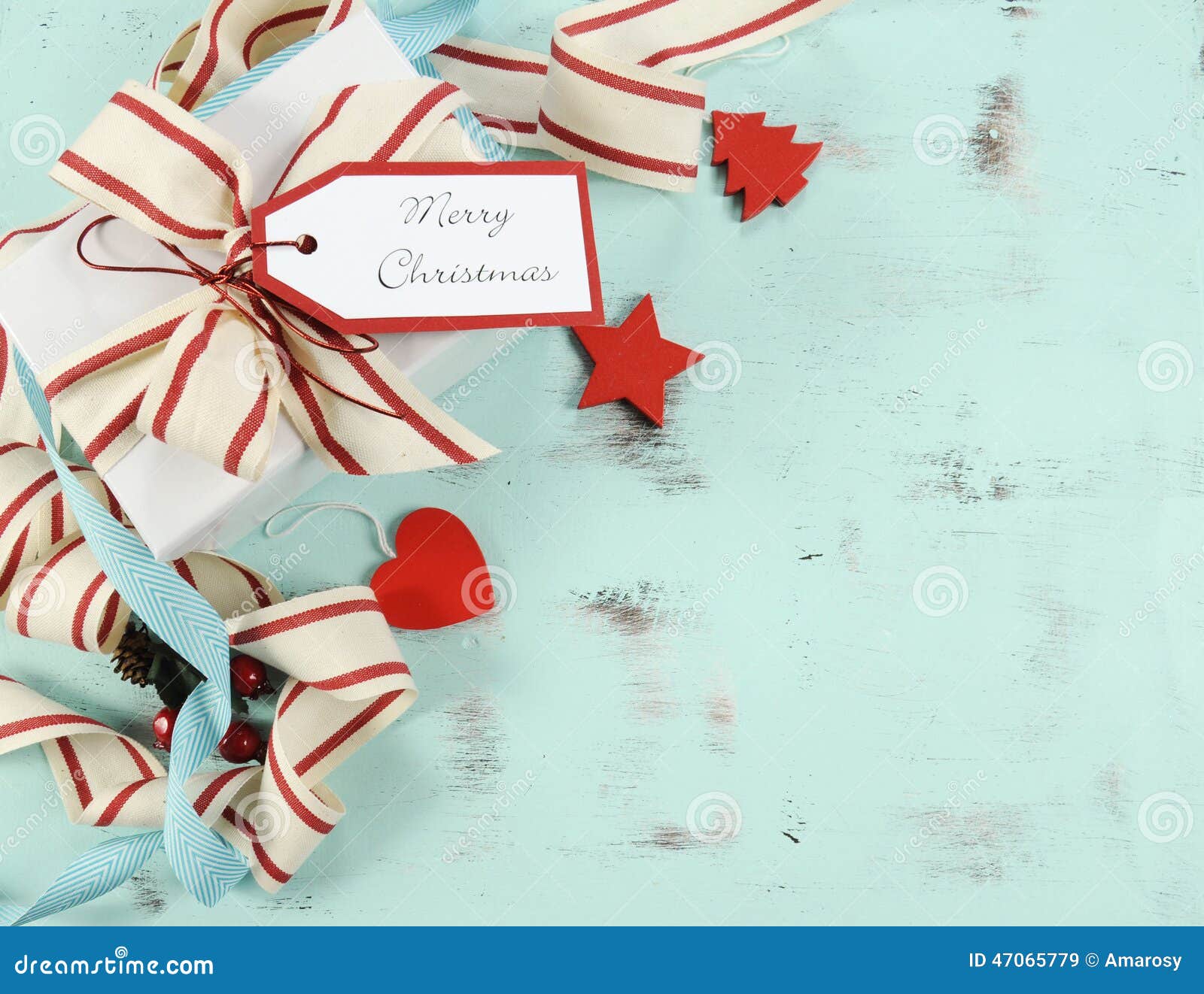 Modern Red And White Christmas Decorations On Aqua Blue 