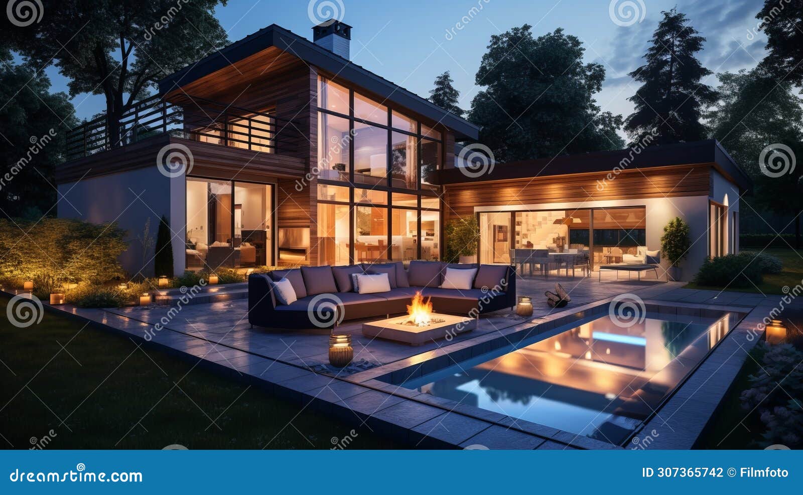 modern residential building with fire place and swimming pool in garden in the evening.