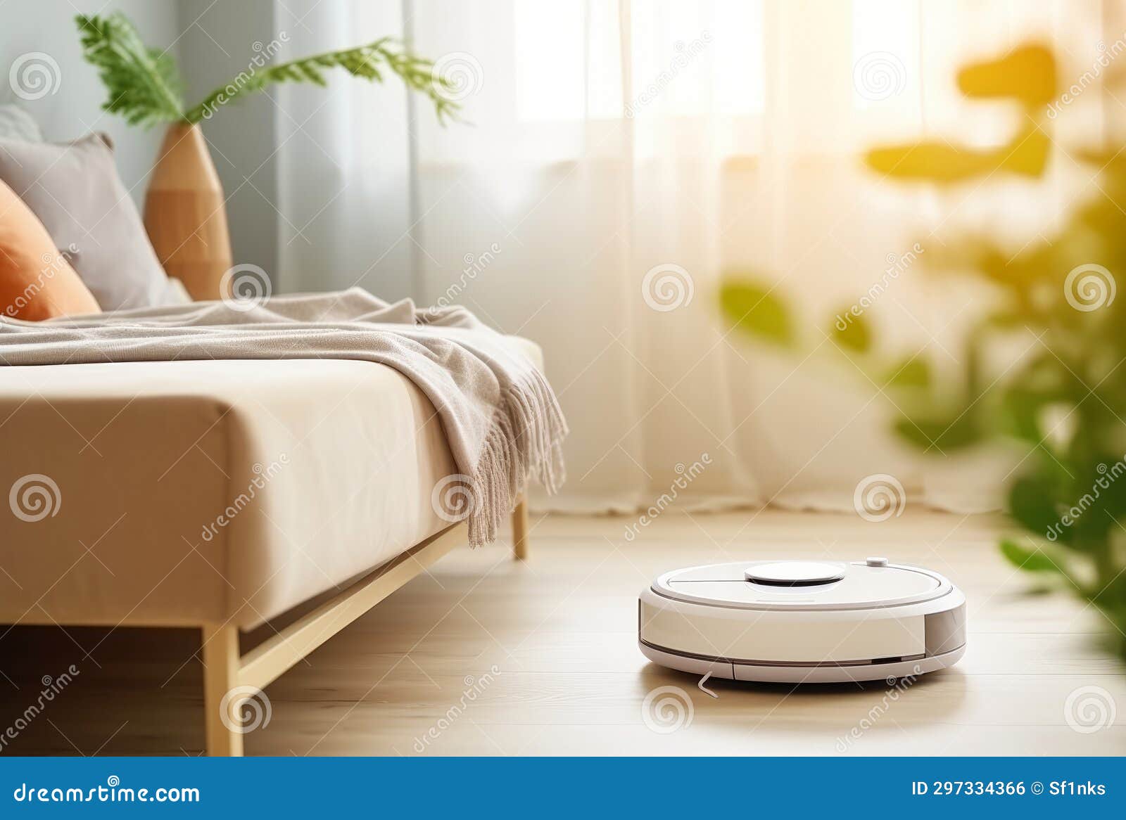 Modern Robot Vacuum Cleaner Near the Sofa in the Room. Beautiful Light