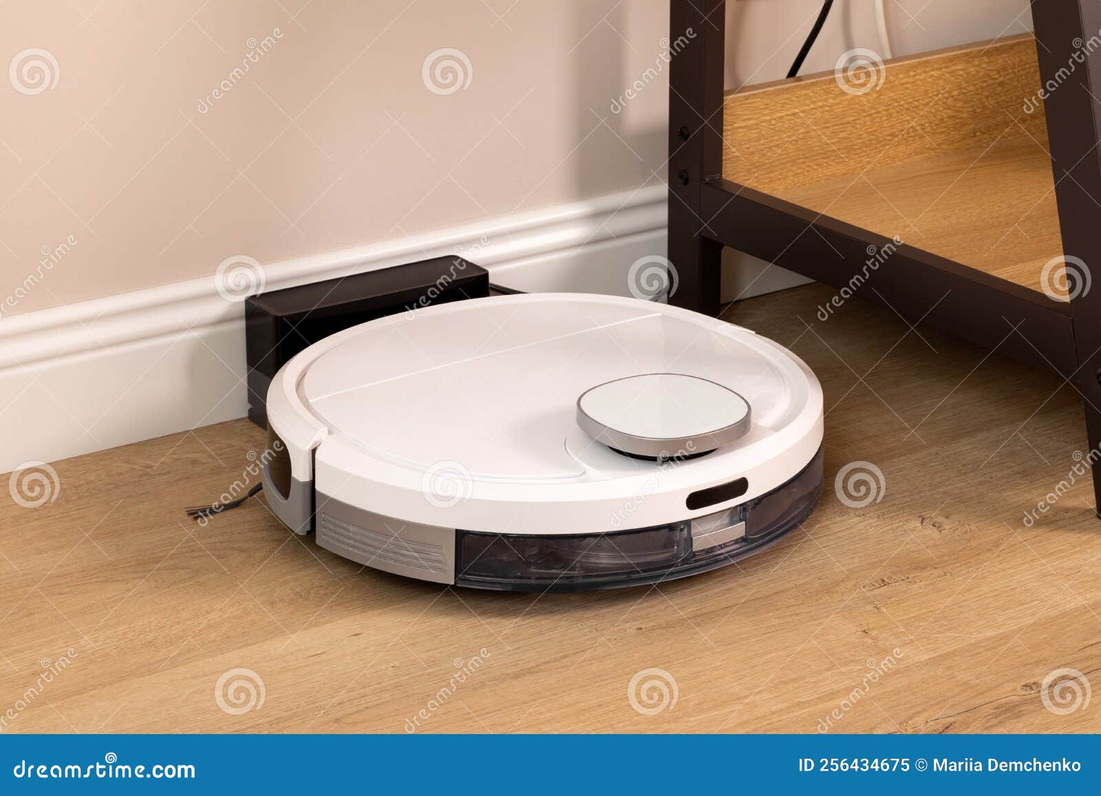Modern Robot Vacuum Cleaner on Wooden Floor Stock Image Image of