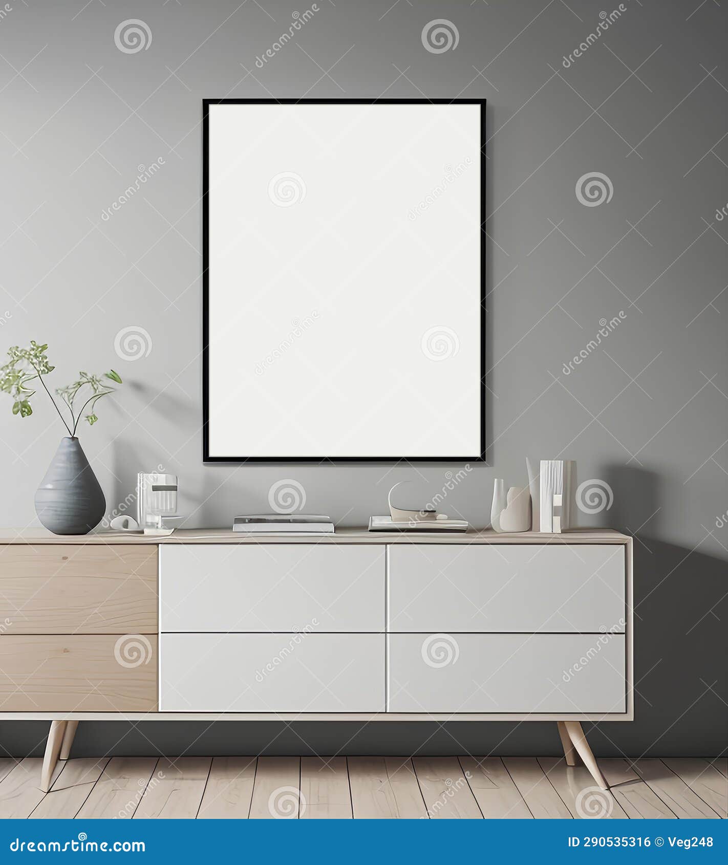 modern room with frame and comod in grey color. ai