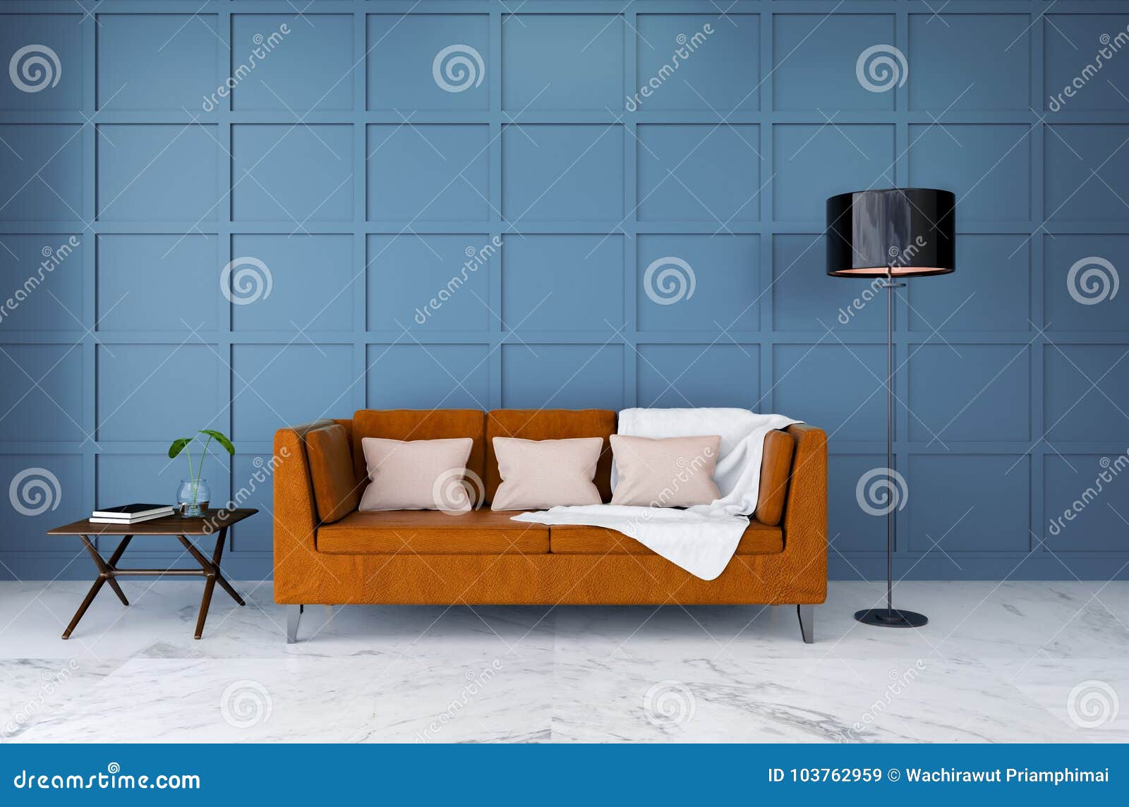 Modern Room Interior Design ,brown Leather Sofa with Light Blue Wall