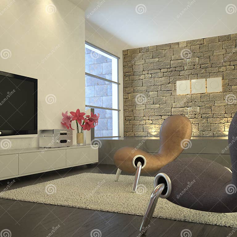 Modern room with plasma TV stock illustration. Illustration of