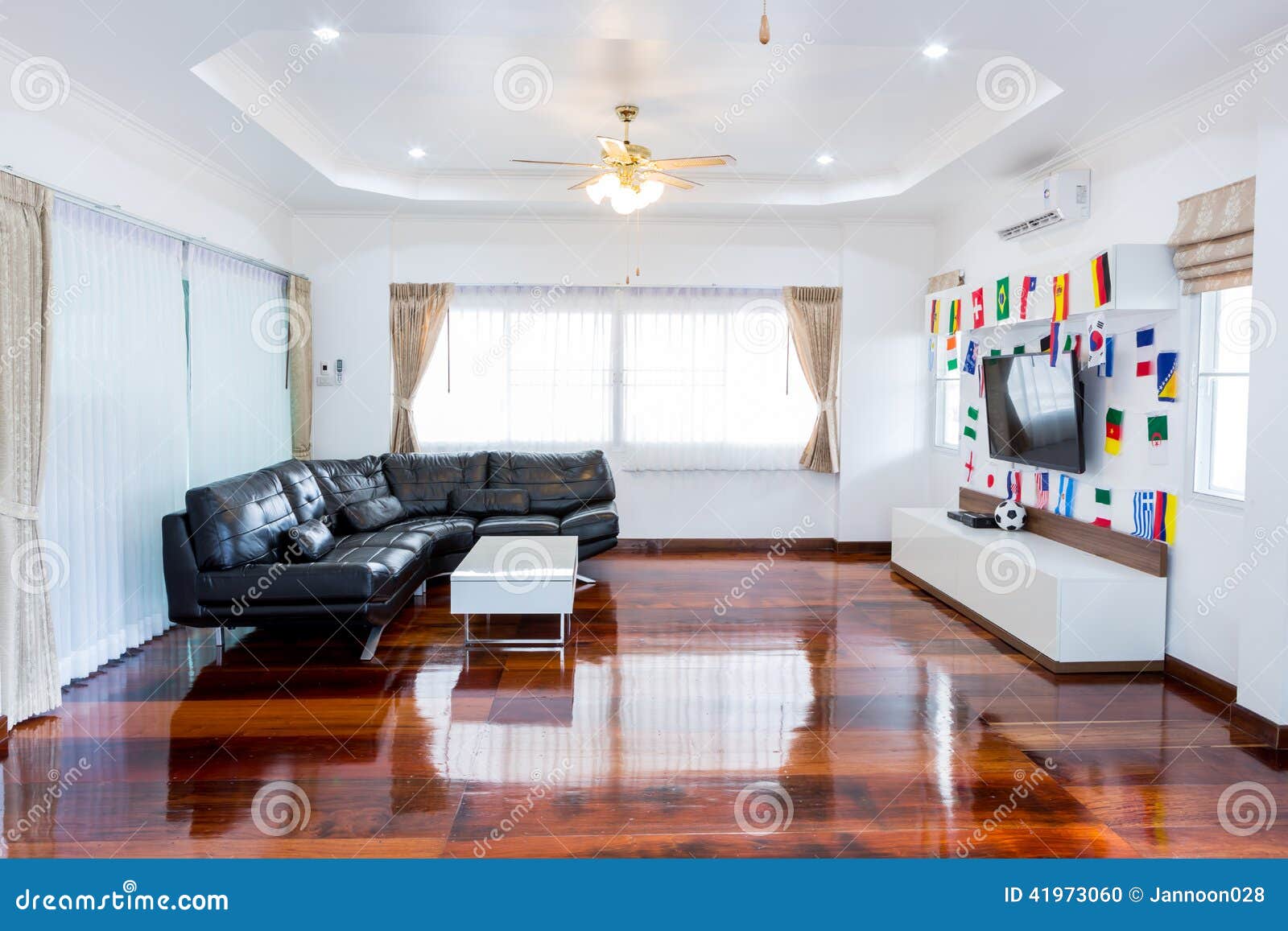 Modern Room with TV and Flags for Soccer Stock Photo Image of
