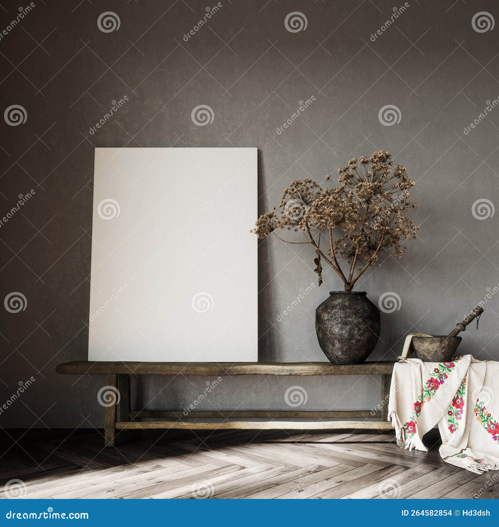 modern rustic interior  with decorative dry plant and empty white mock up picture frame