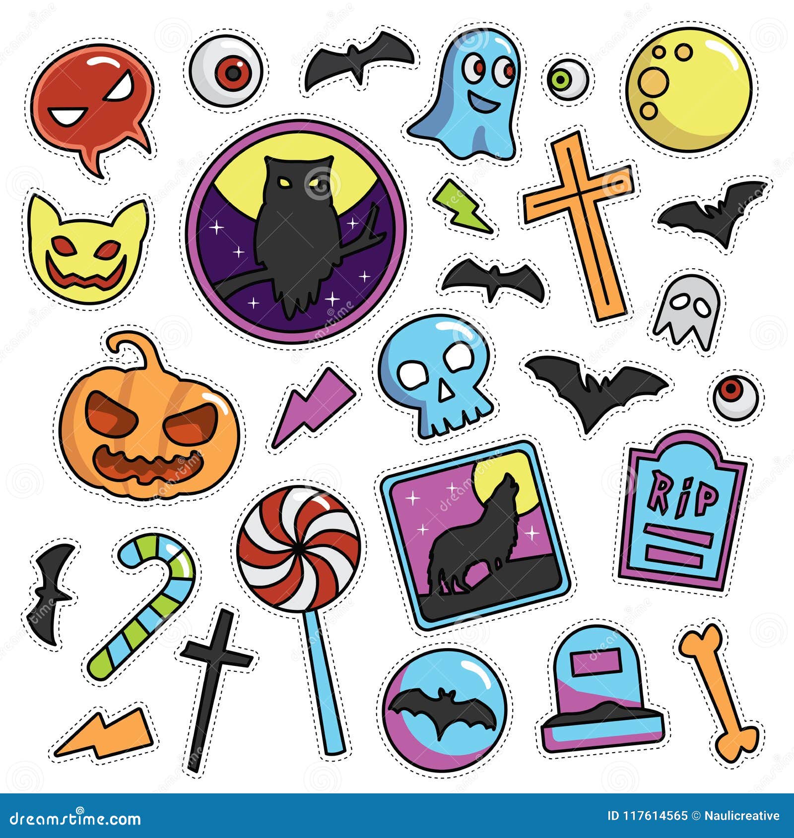 Modern 80s-90s Halloween Fashion Patch Cartoon Illustration Set Stock ...