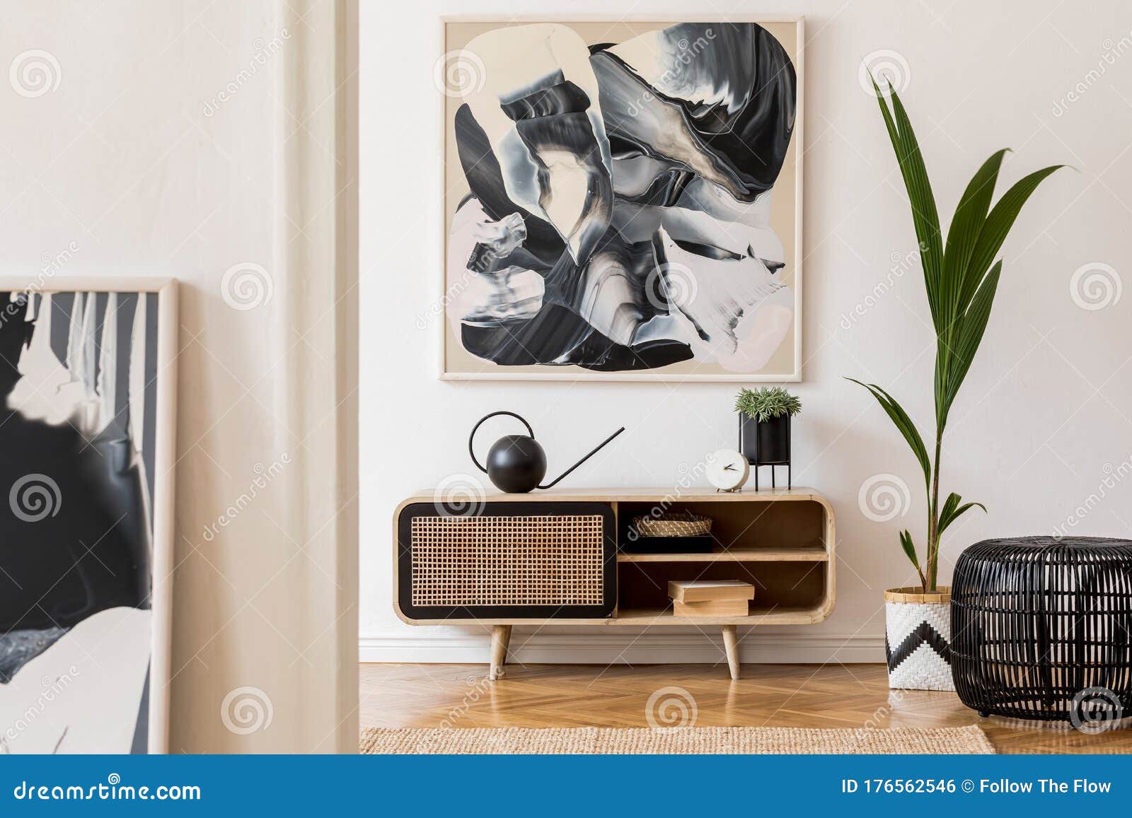 Modern Scandinavian Living Room With Abstract Painting Stock Photo Image Of Natural Flat 176562546