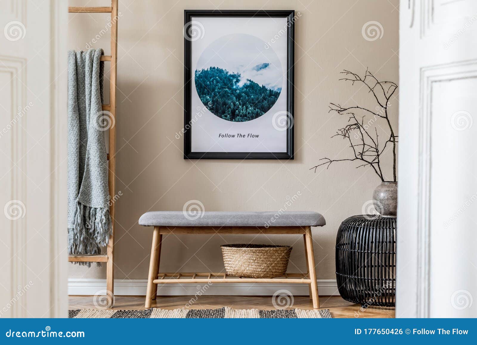 scandinavian living room with mockup poster frame, stylish furnitures and elegant accessories. japandi interior  style.