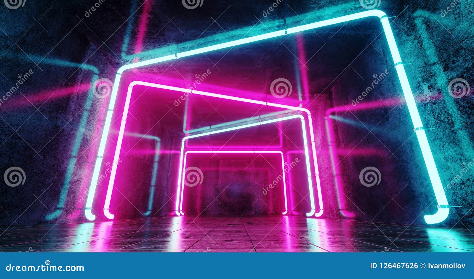 Modern Sci-Fi Futuristic Club Tunnel with Bunch Neon Tubes Glowing ...