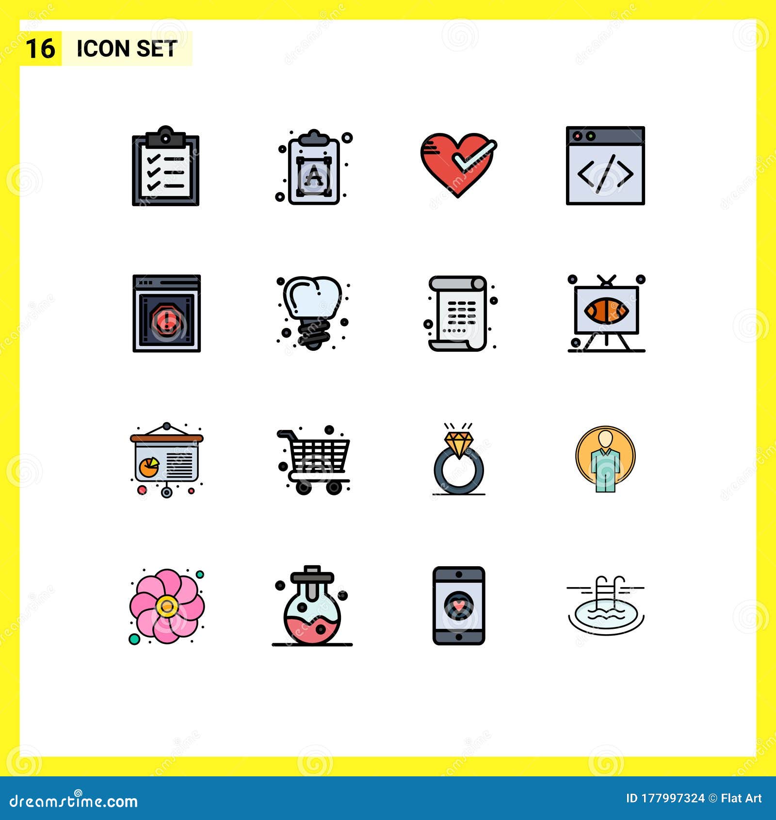 modern set of 16 flat color filled lines and s such as message, alert, love, development, web