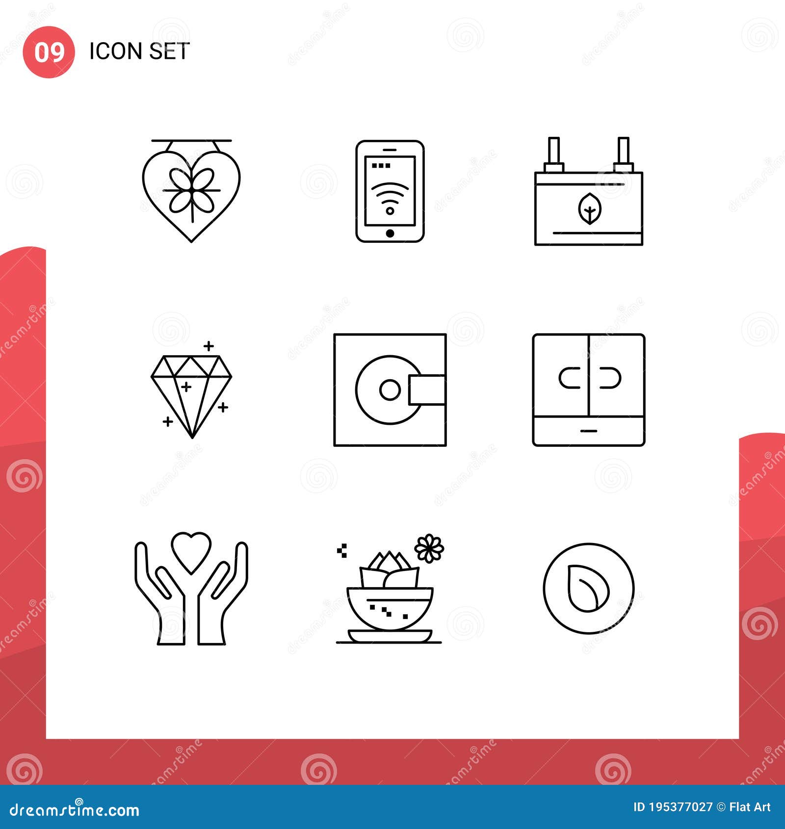 universal icon s group of 9 modern outlines of devices, sucess, battery, crystal, energy