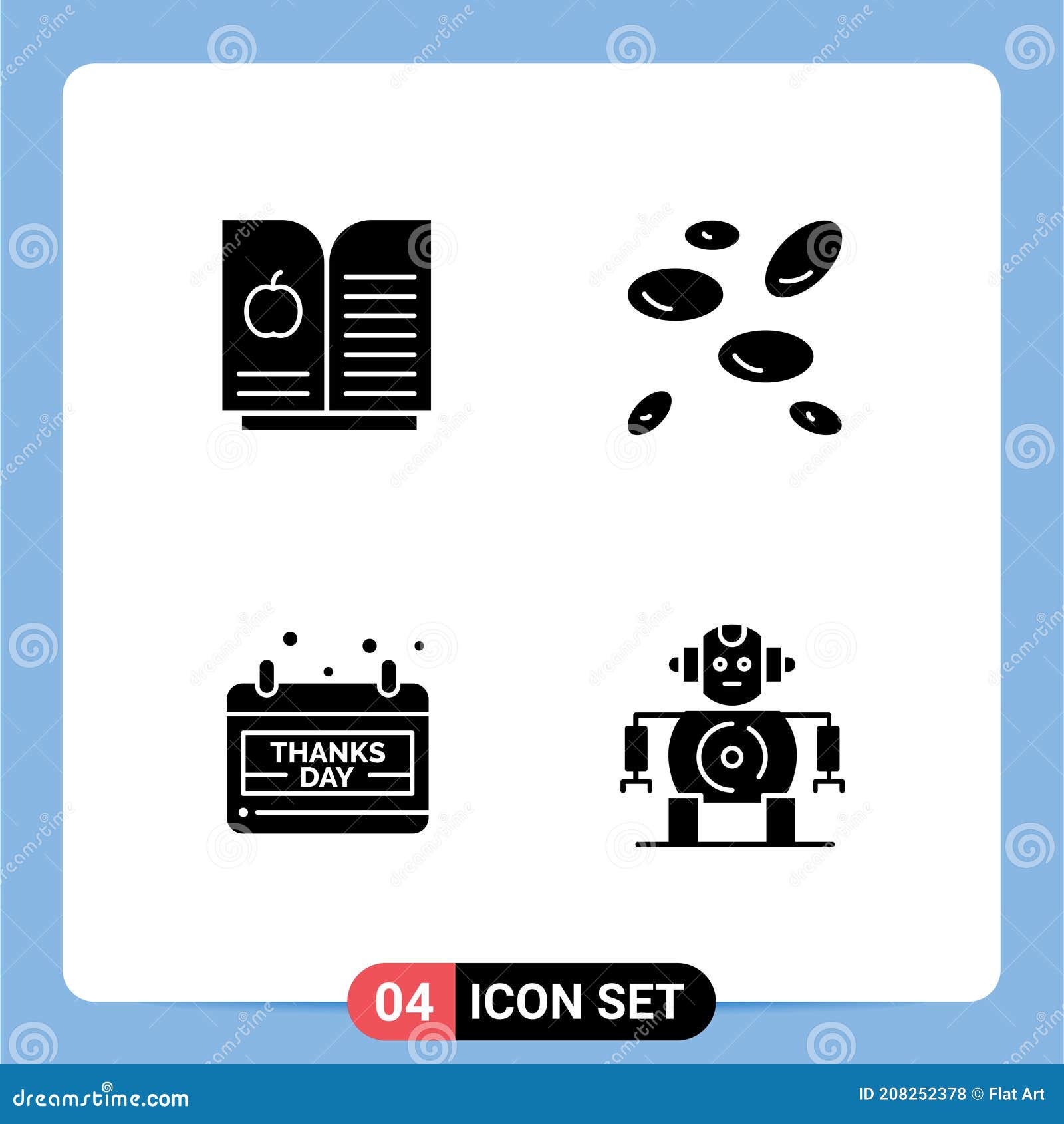 modern set of 4 solid glyphs pictograph of book apple, thanks day, wbcs, calendar, robotics