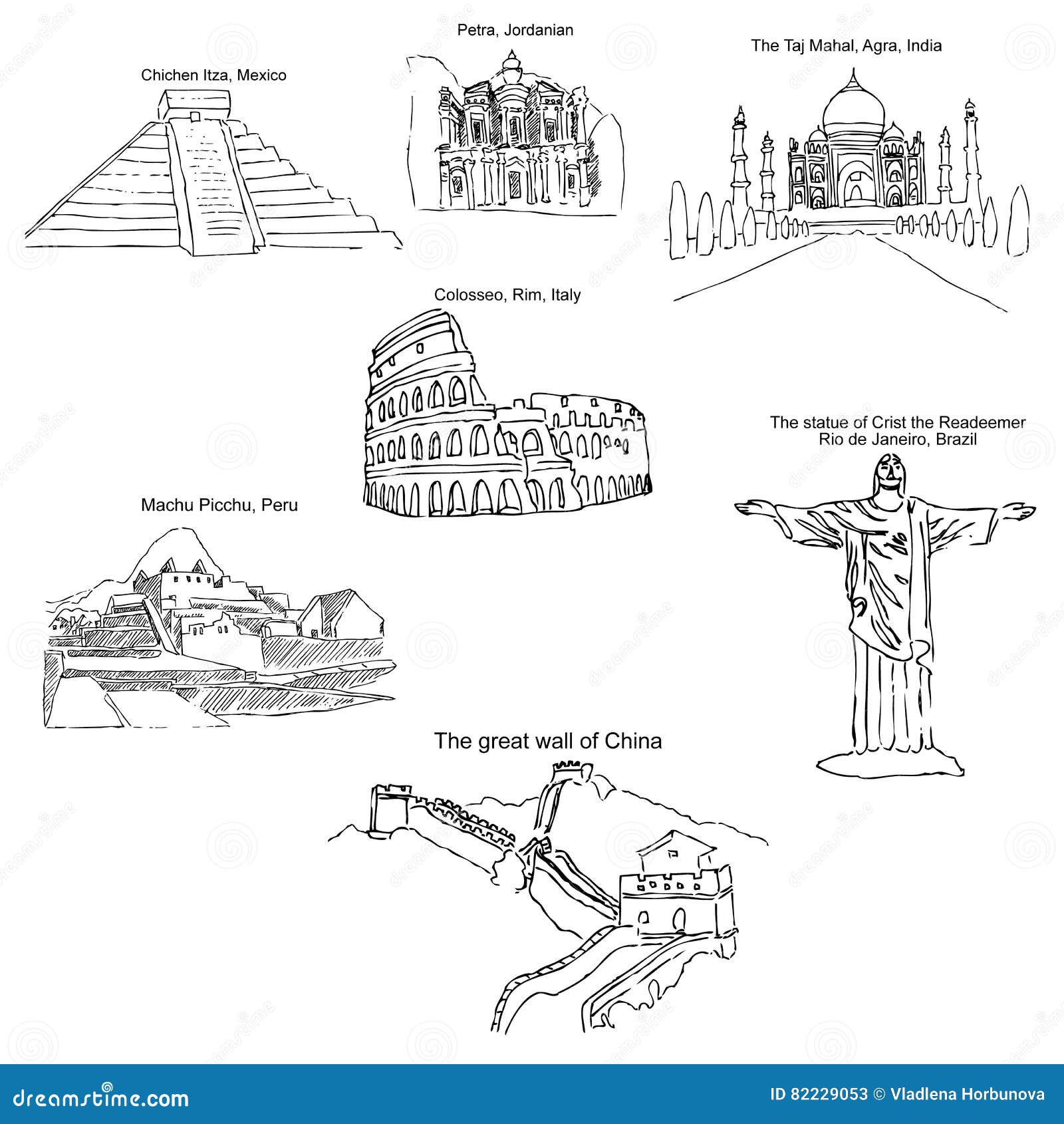 The Modern Seven Wonders Of The World Sketch Pencil Drawing By Hand Vector Stock Vector Illustration Of Hand Asia