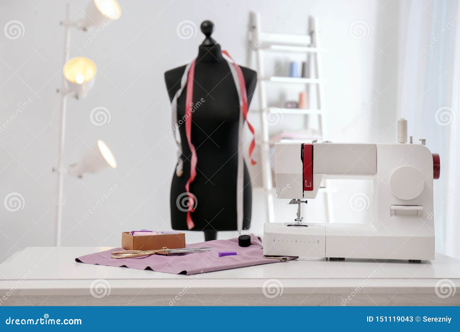 Modern Sewing Machine with Tailor S Supplies on Table in Stock