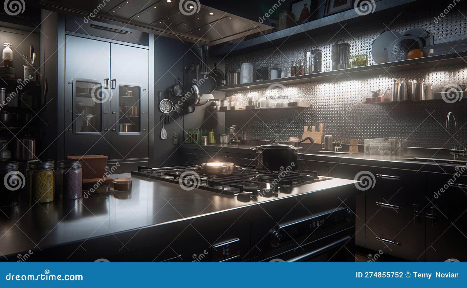 Modern Shiny Kitchen with Stainless Still Kitchenware and Equipment for