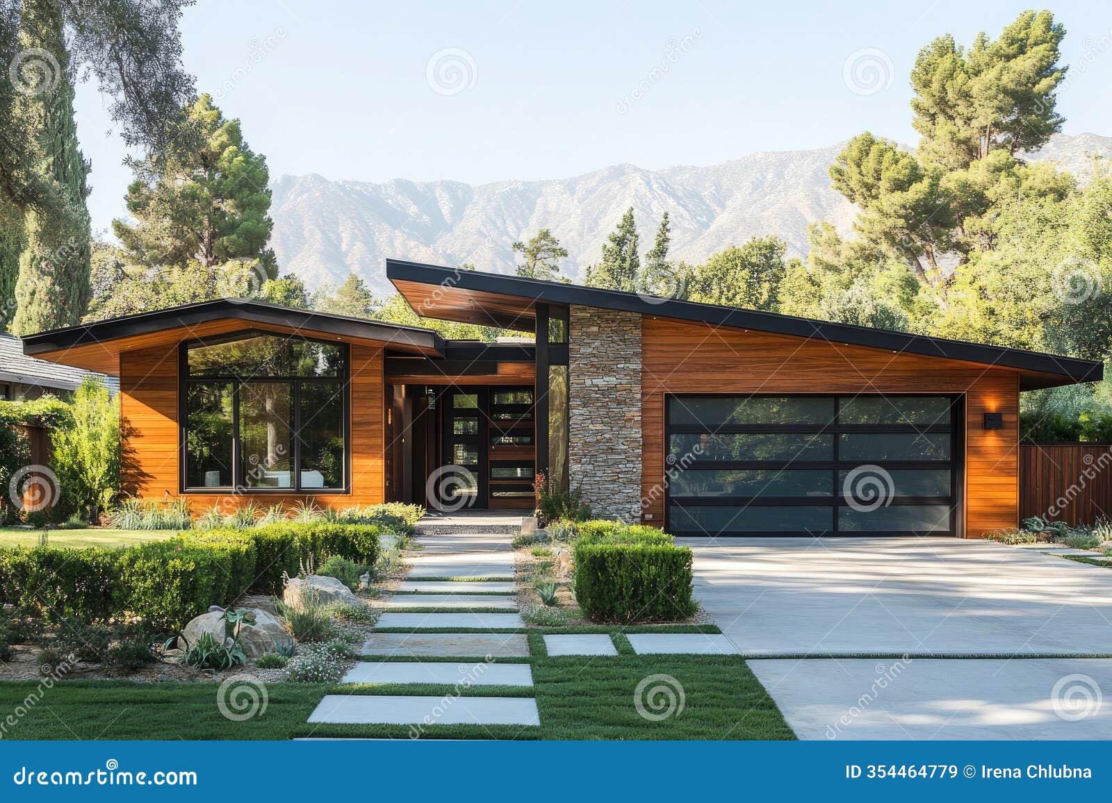 modern single-story home with cantilevered roof and landscaping