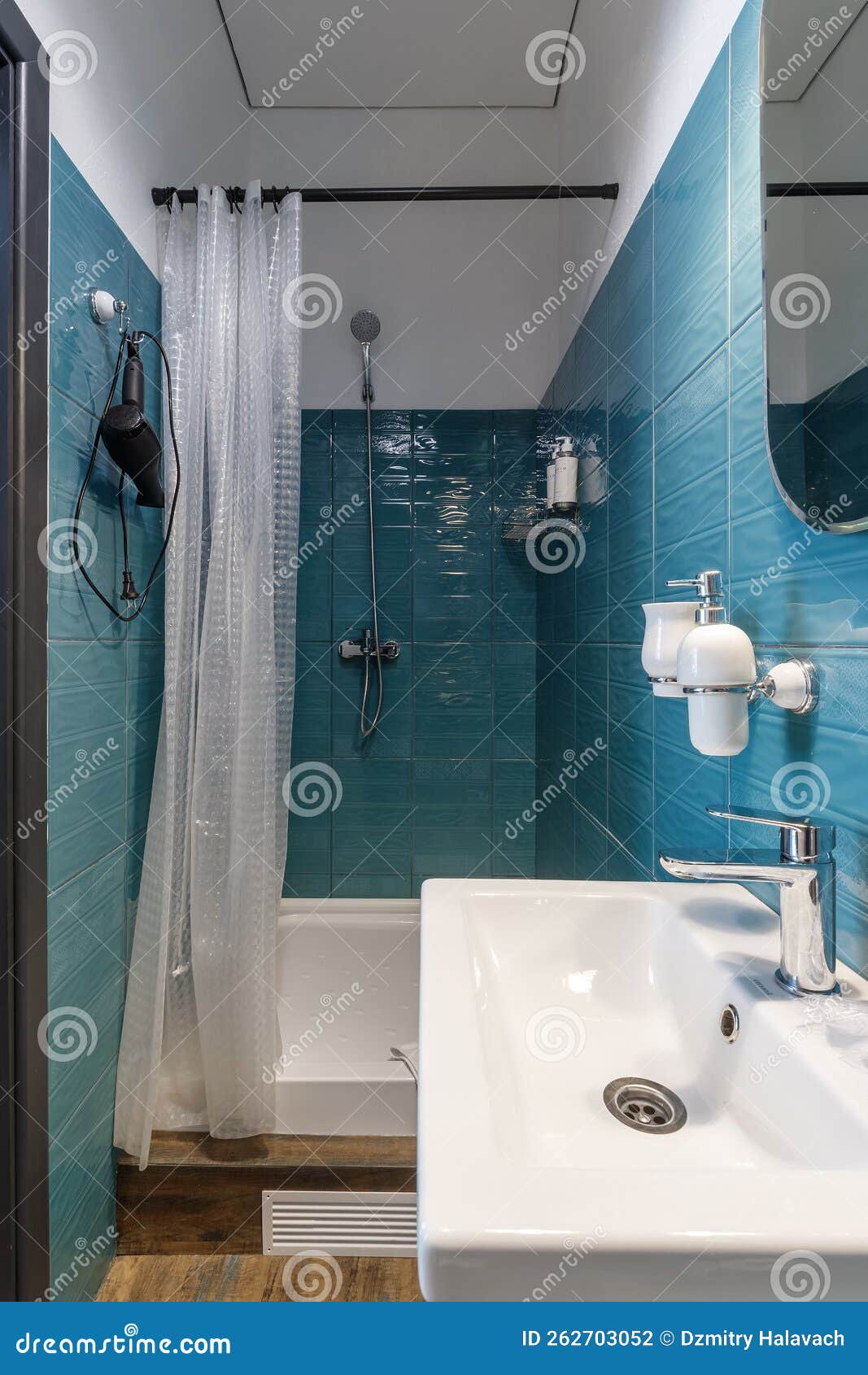 Modern Small Bathroom Interior Design. Blue Style Stock Photo Image