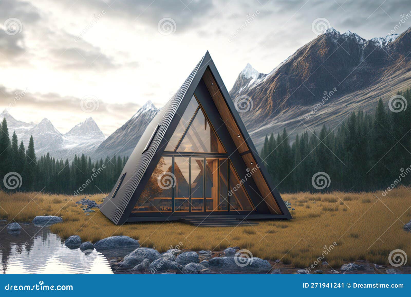 Modern Small aframe Cabin with Glass Wall Against Backdrop of Mountain