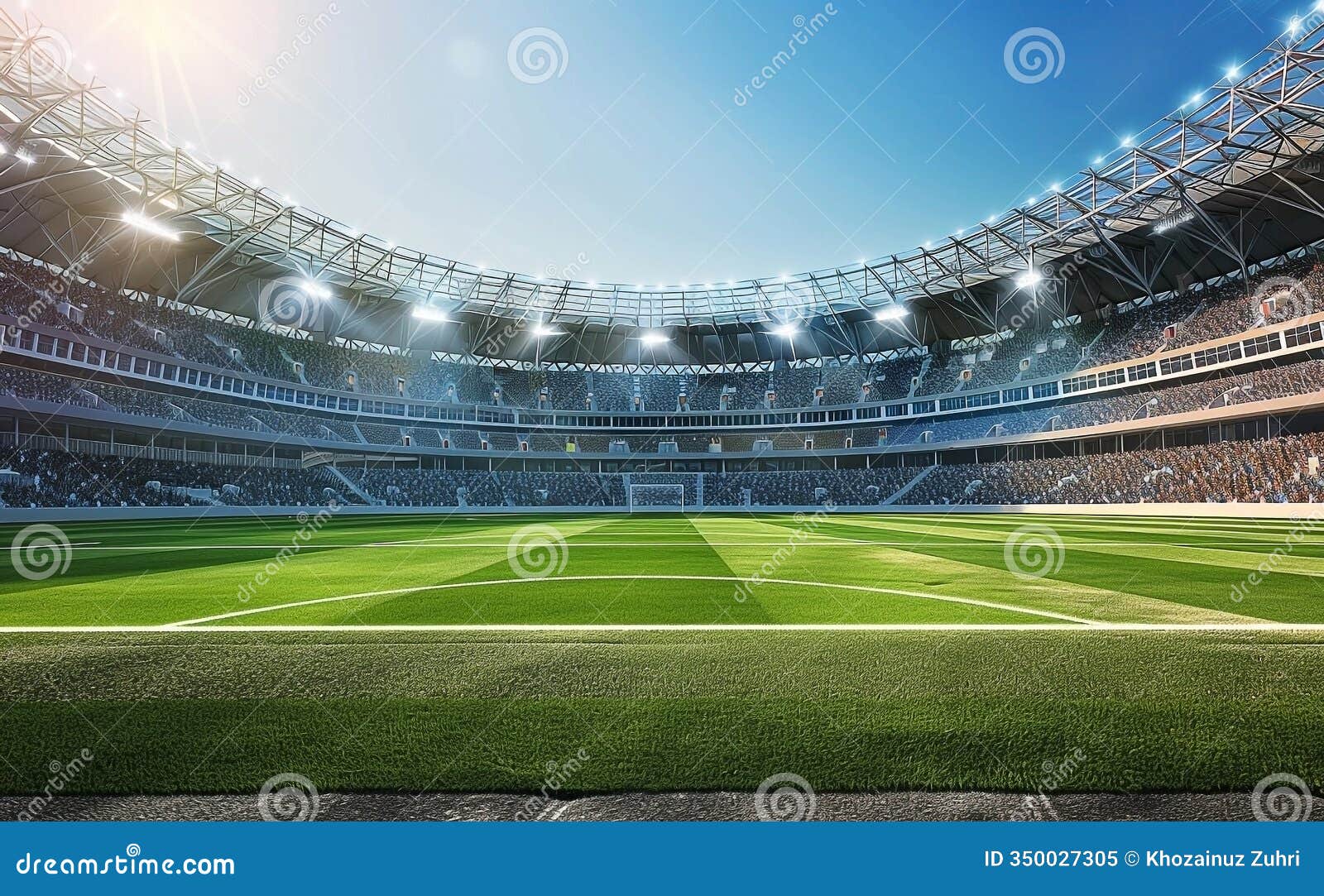 modern soccer stadium with lush green field and packed stands under clear sky