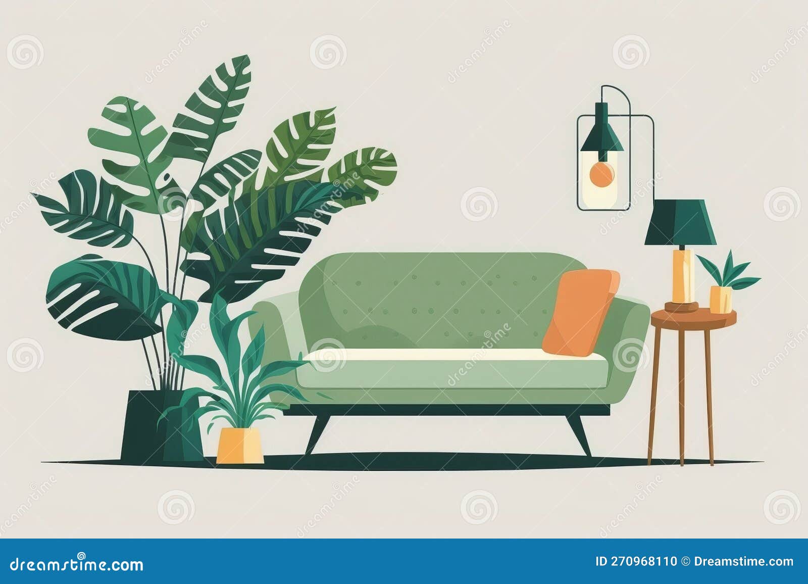 Modern Sofa with a Side Table and Plant, Cute Interior Vector Illustration in Flat Style Stock