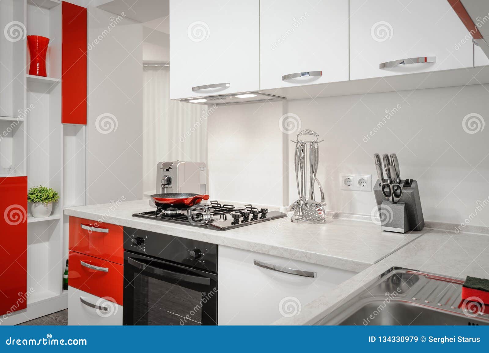 Modern Red And White Kitchen Interior Stock Image Image Of