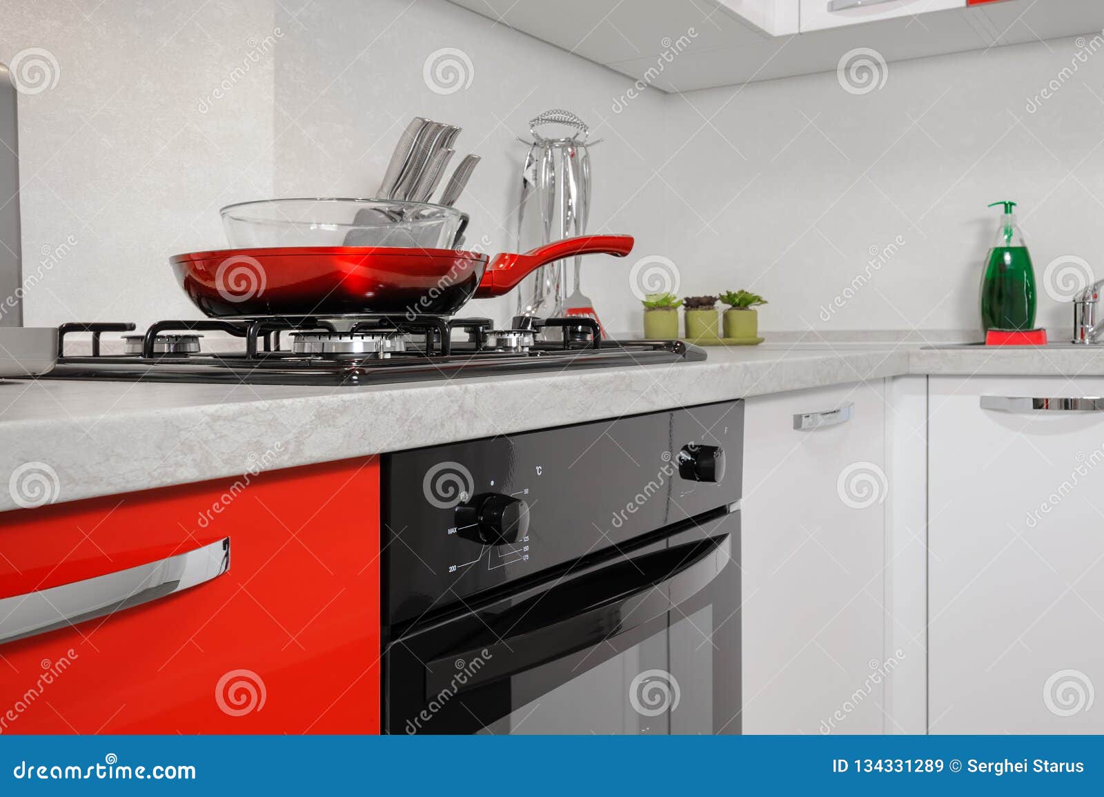 Modern Red And White Kitchen Interior Stock Image Image Of
