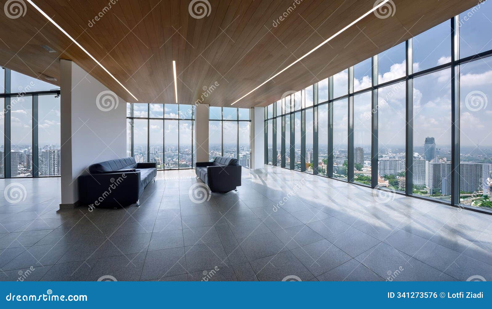 modern spacious office corridor with reception desk, panoramic windows with city view, daylight and couches. 3d rendering