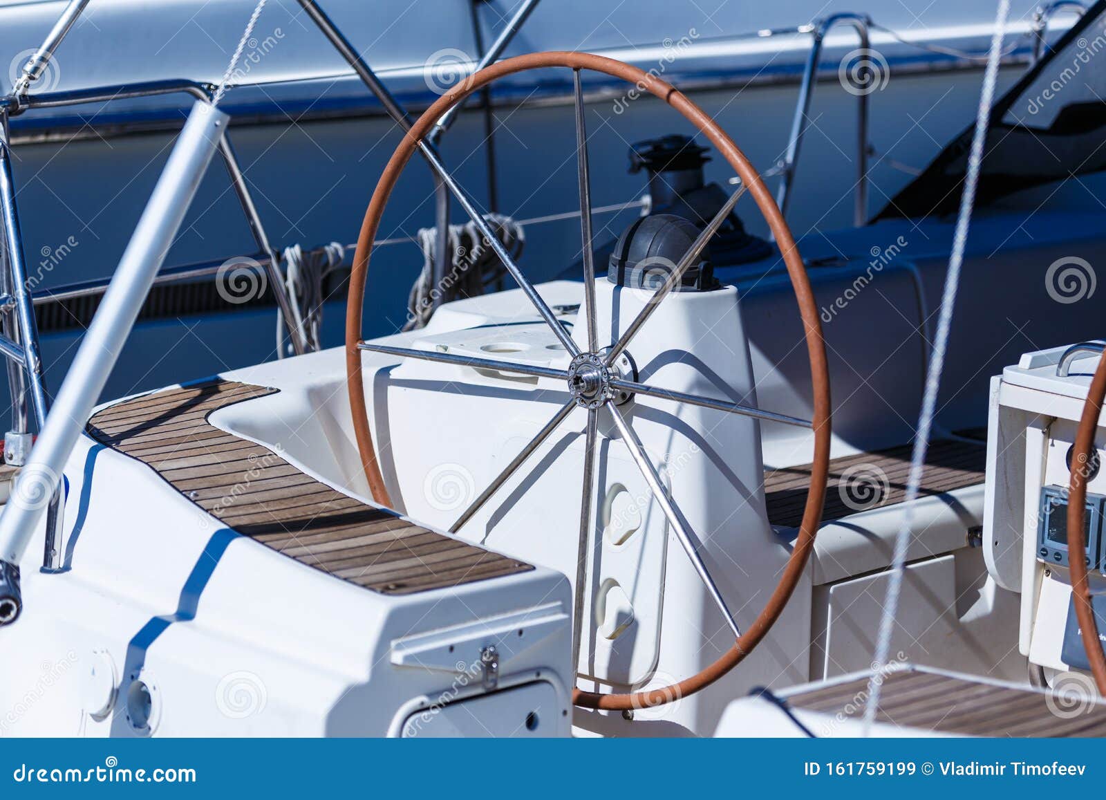 A Modern Speed Boat Yacht Steering Wheels. Background. Stock Image