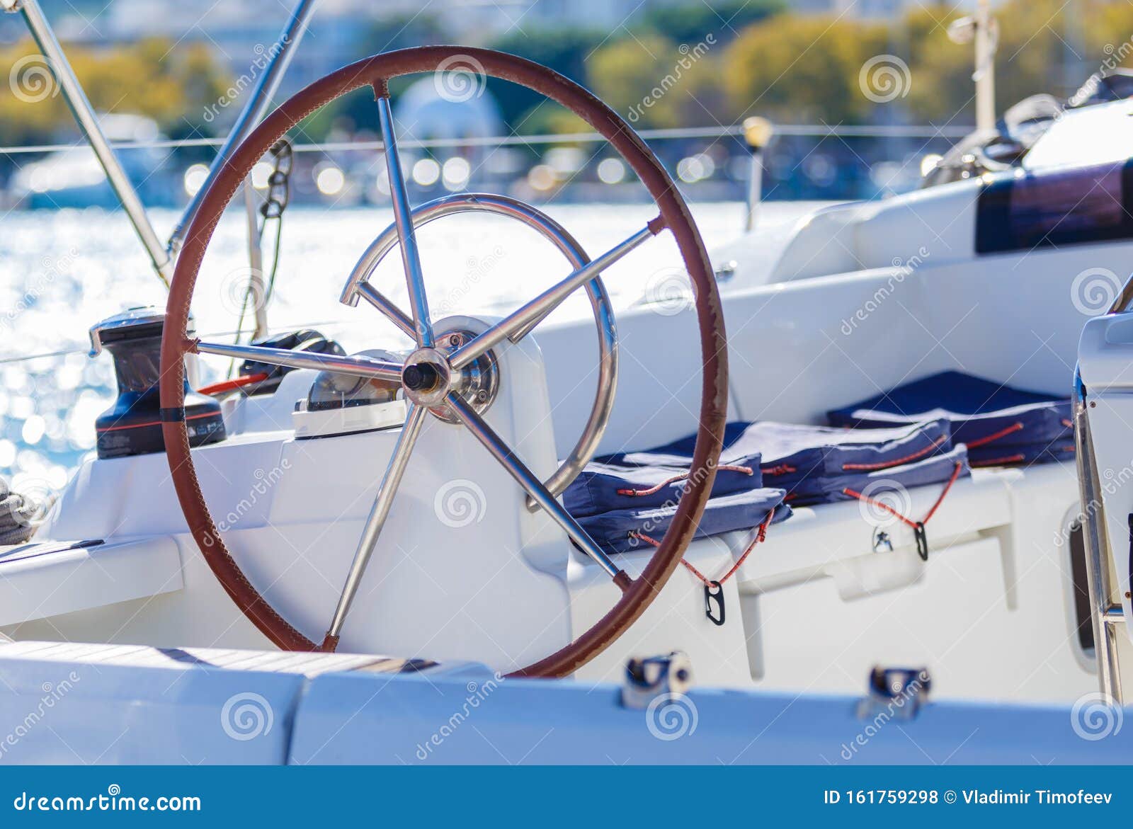 A Modern Speed Boat Yacht Steering Wheels. Background. Stock Photo