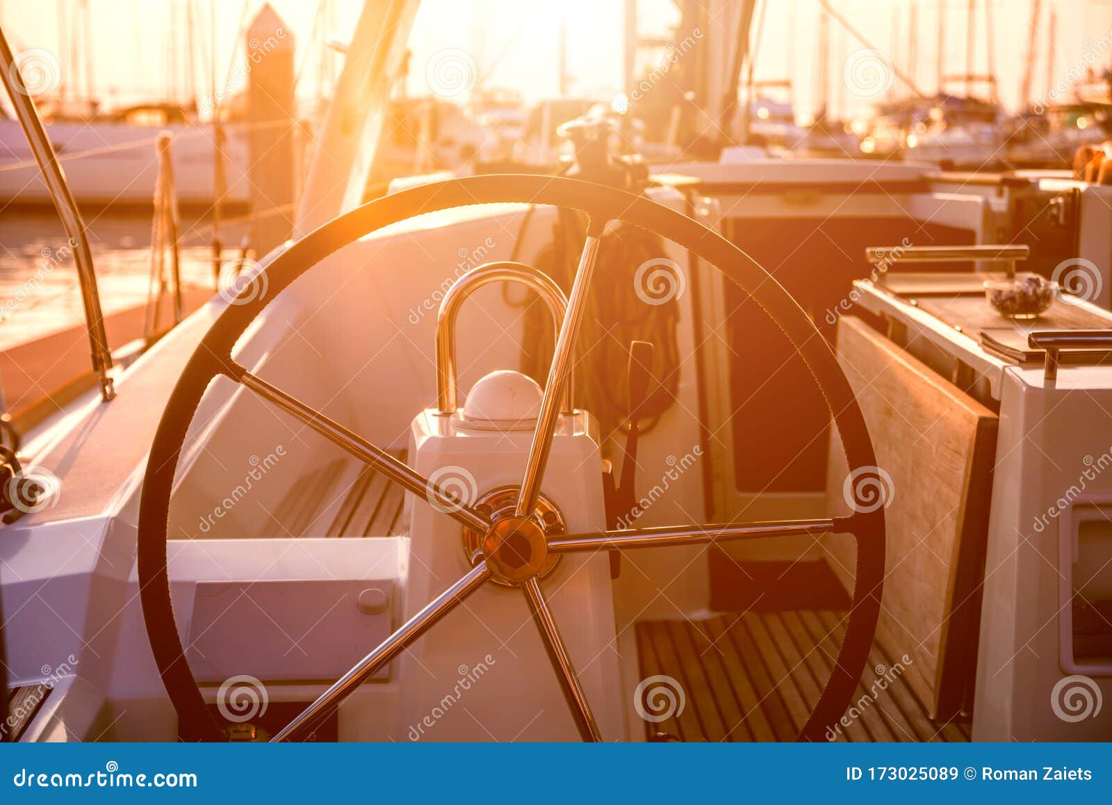 A Modern Speed Boat Yacht Steering Wheels. Stock Image Image of blue