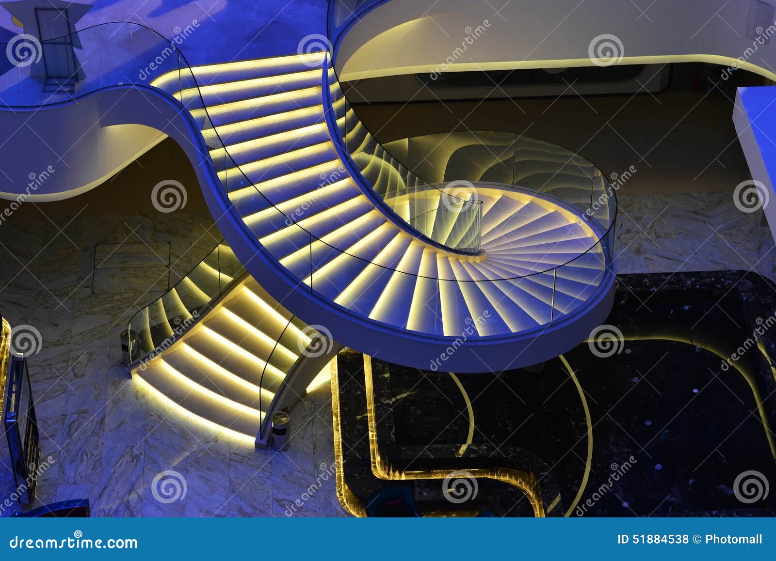 modern spiral stairs decorated with led light