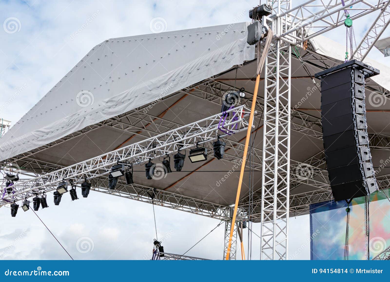Modern Spotlight System Mounted on Outdoor Stage before Performance
