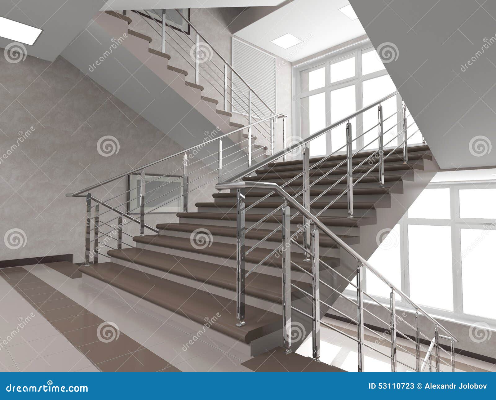 Modern Staircase With Stained Glass Window Stock