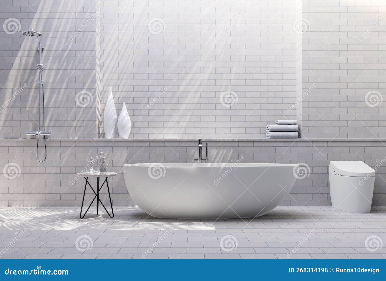 Modern Style Bathroom with White Brick Pattern Tile Wall 3d Render