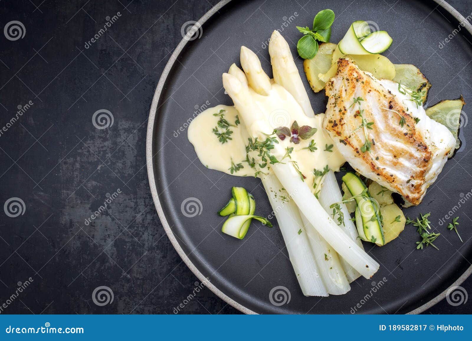 Modern Style German Fried Skrei Cod Fish Filet with White Asparagus in ...
