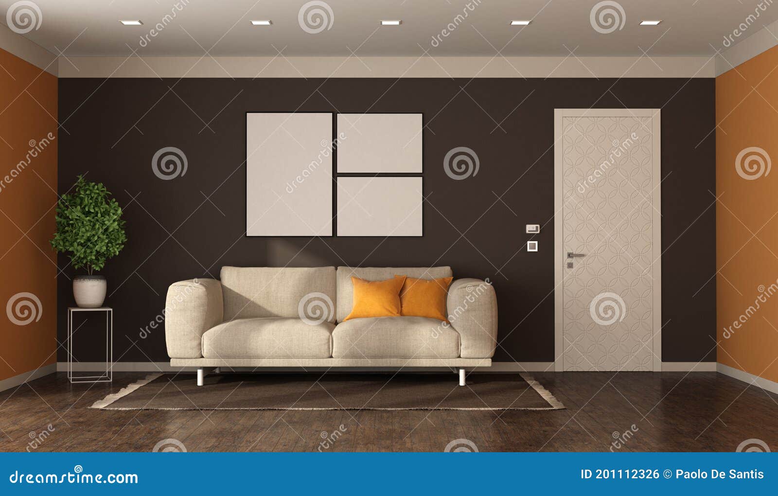 Modern Style Living Room with Sofa and Closed Door Stock Illustration