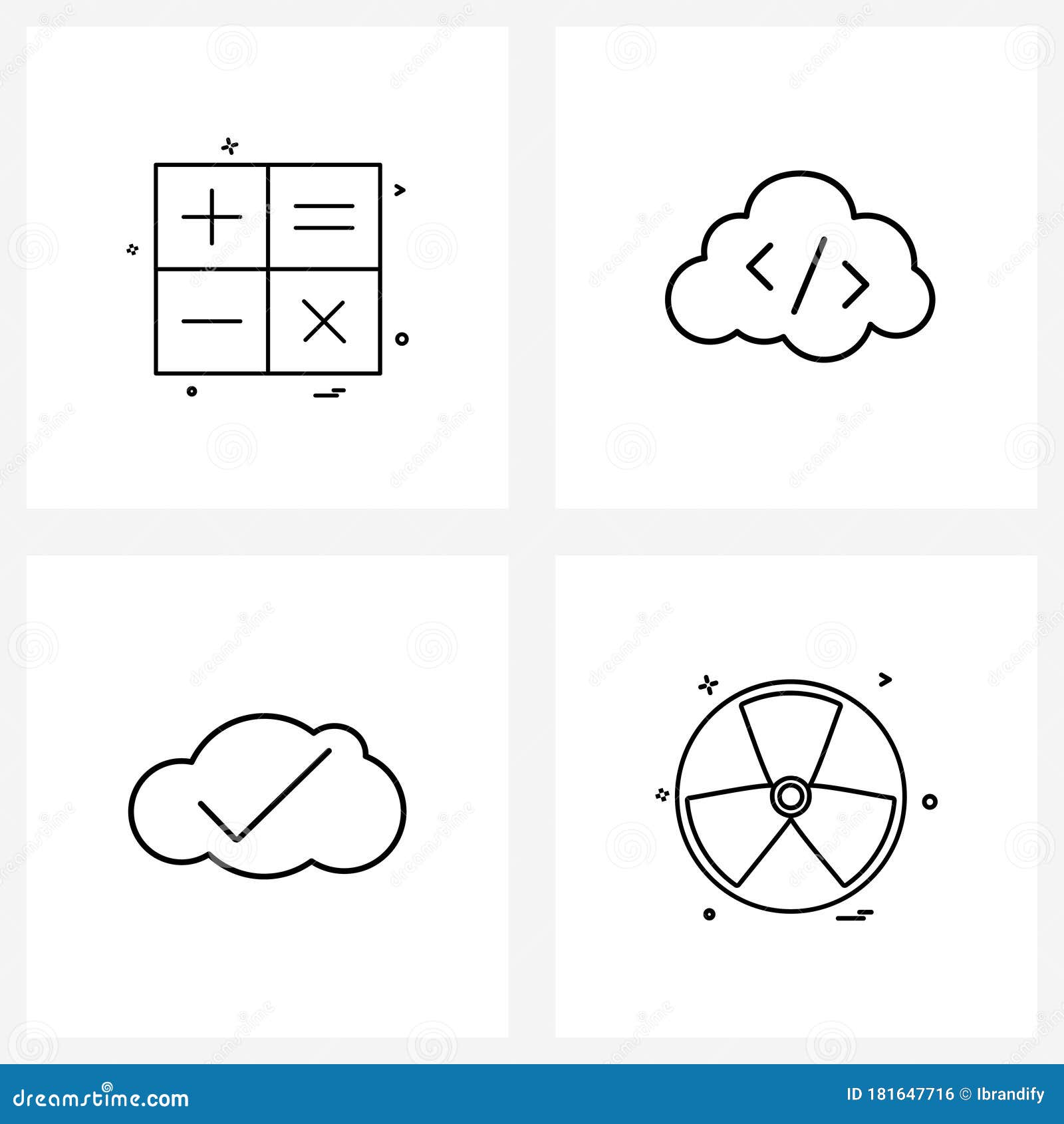 modern style set of 4 line pictograph grid based math`s, tick, calculate, server, fan
