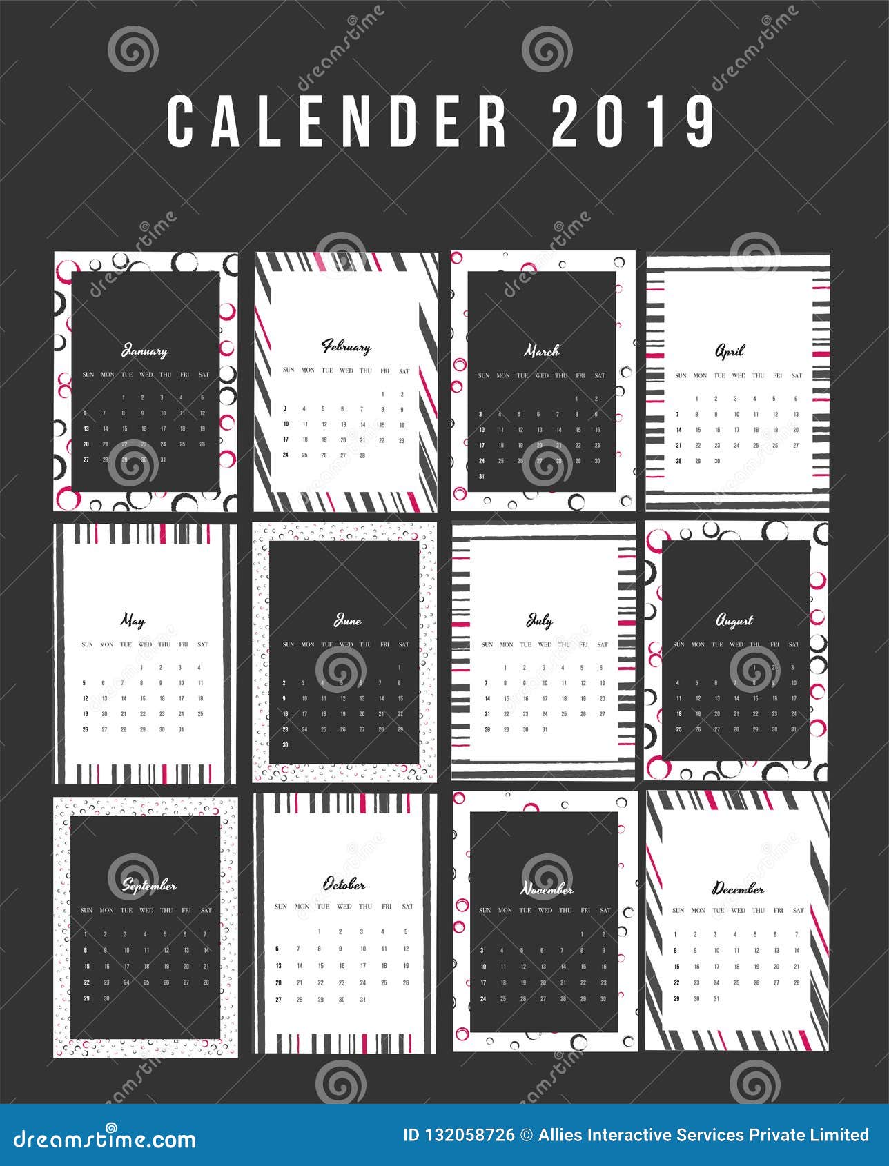 Modern Style Wall Calendar Design, Complete Set of 12 Months Planner in