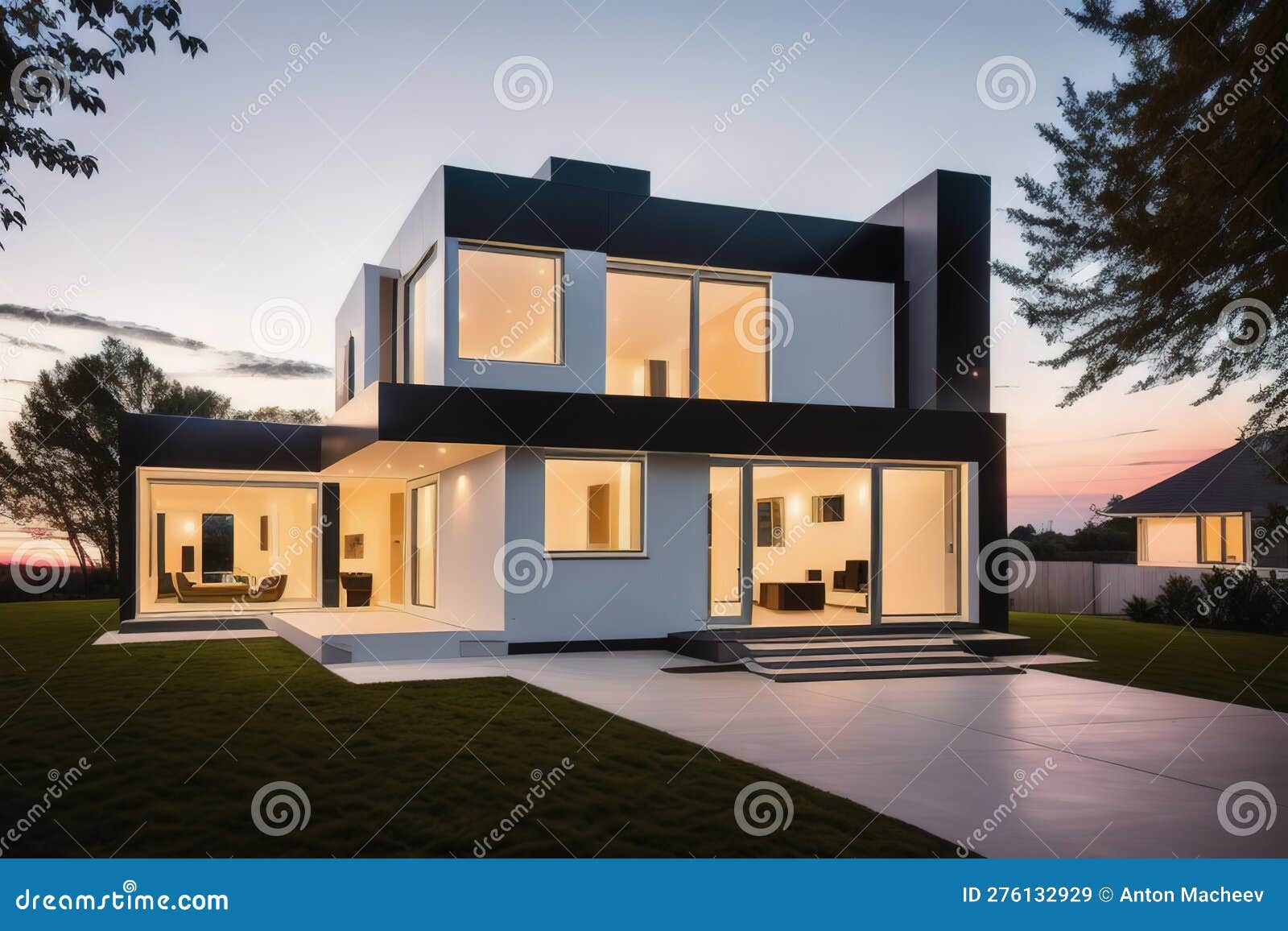 modern stylish futuristic country house in beautiful evening lights. beautiful landscape. generative ai